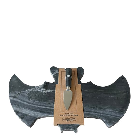 Black Bat Marble Cheese Board with Knife 17x10 Spooky Halloween Hosting NEW - Picture 7 of 14